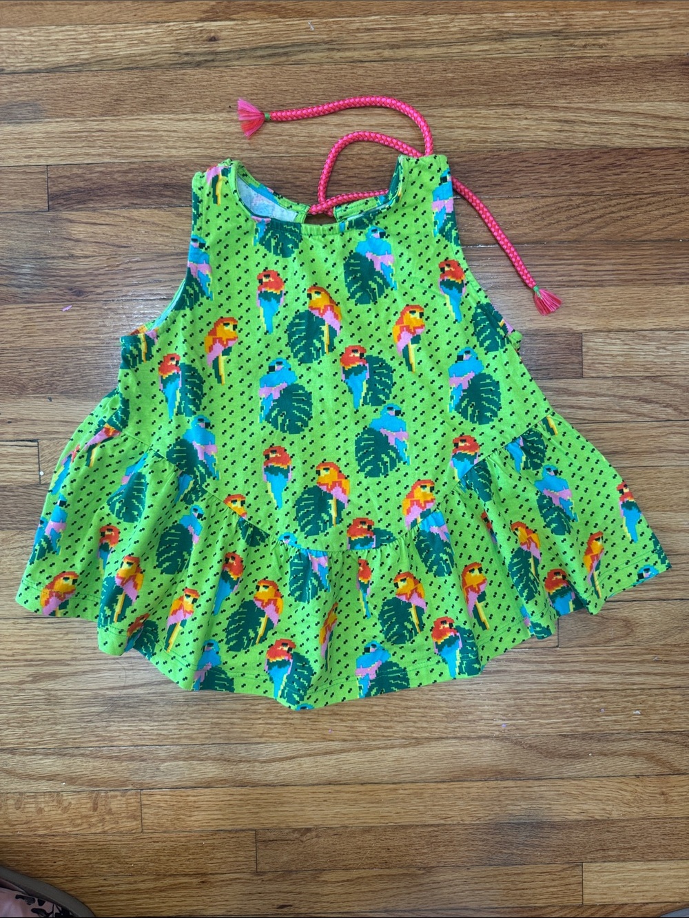 FARM Rio ( Fábula ) Lime Green Parrot Print Ruffle Tank Top with Pink Tie